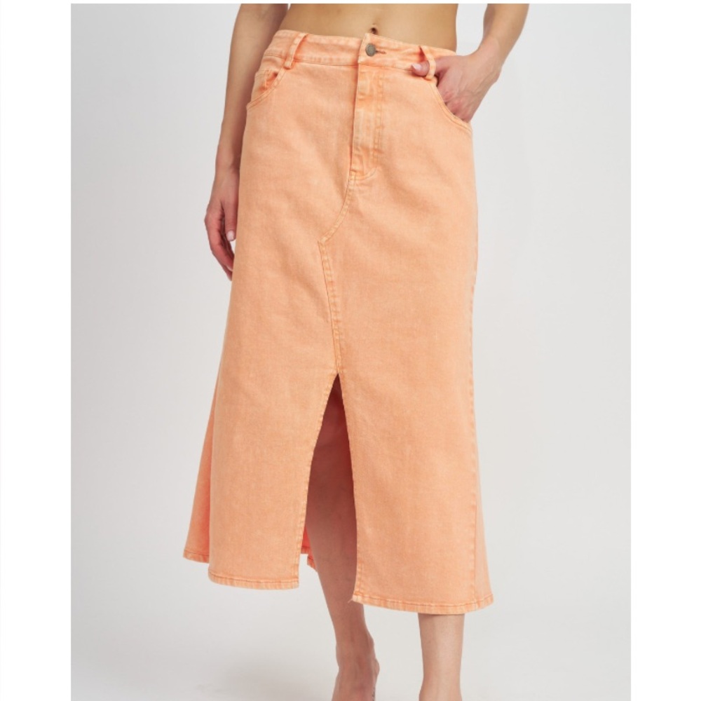 NEW En Saison Peach Coral Orange Denim Slit Midi Skirt Size XS Anthropologie